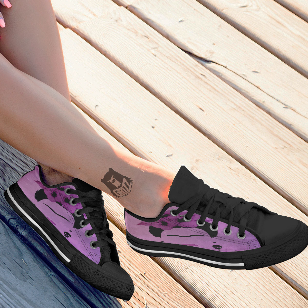 Pink Floral And Frida Kahlo Print Black Low Top Shoes-grizzshop