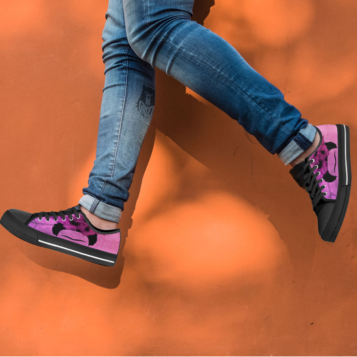 Pink Floral And Frida Kahlo Print Black Low Top Shoes-grizzshop