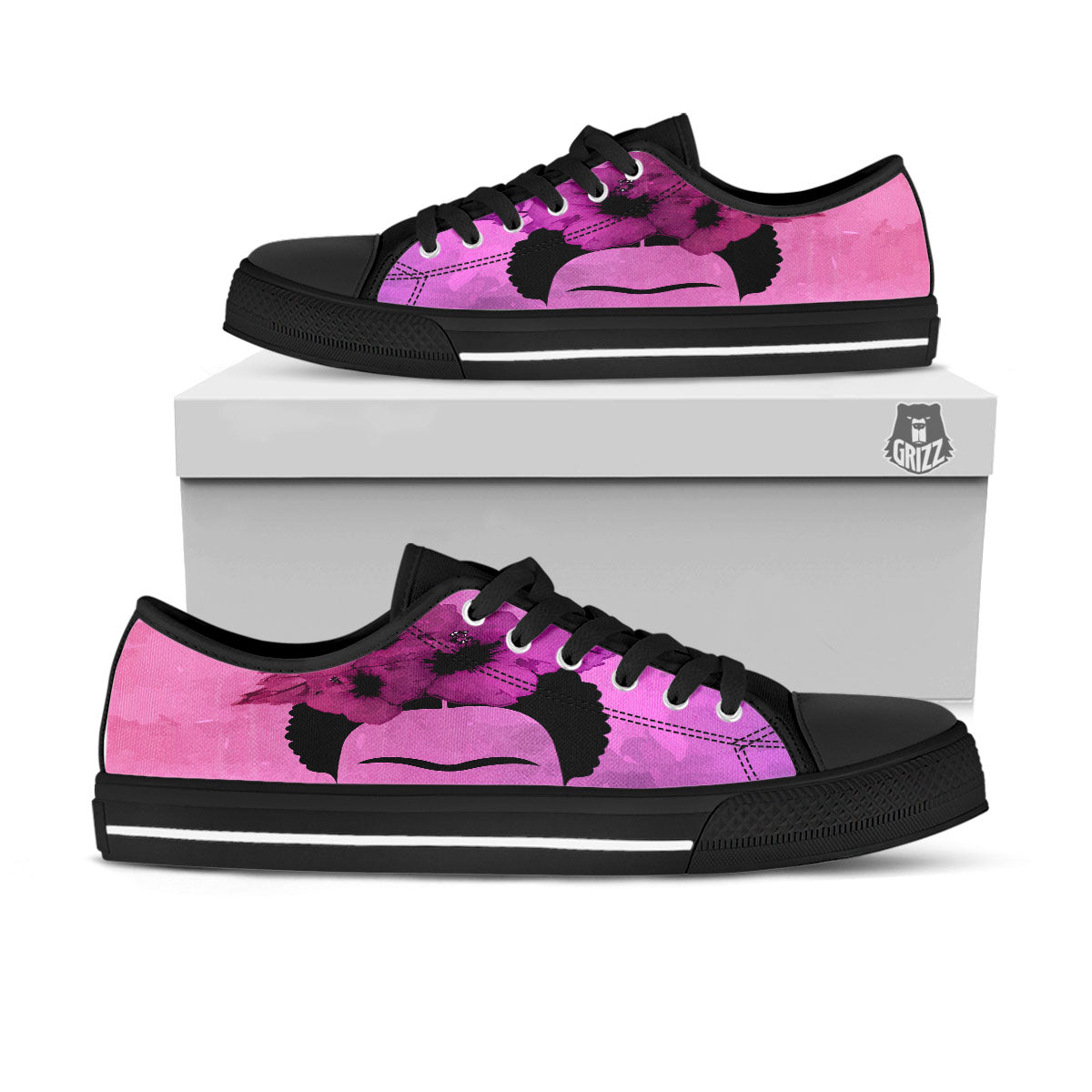 Pink Floral And Frida Kahlo Print Black Low Top Shoes-grizzshop
