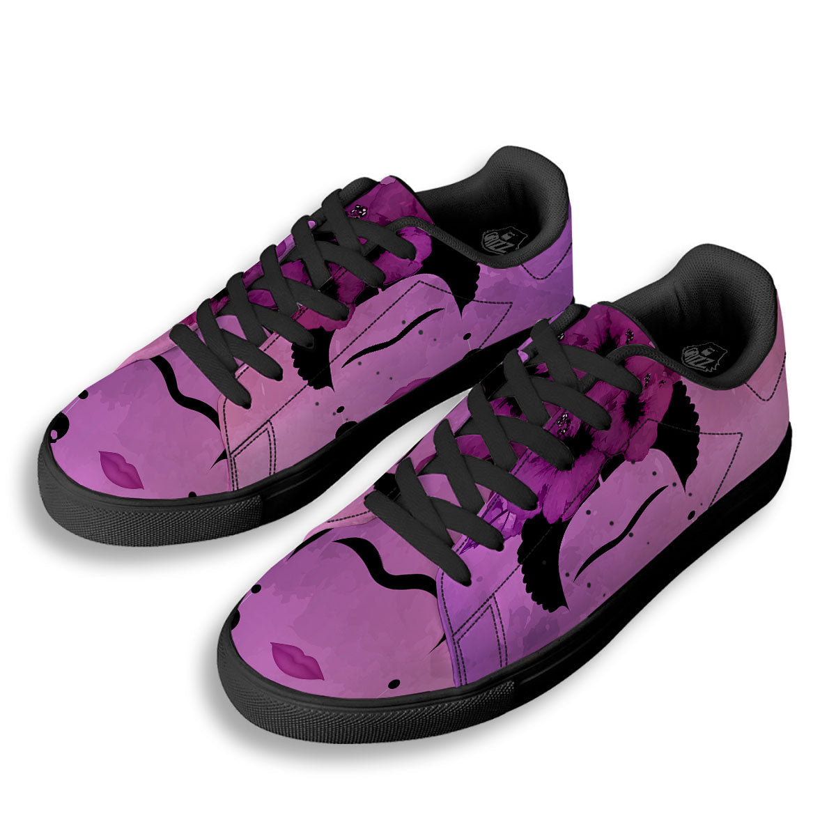 Pink Floral And Frida Kahlo Print Black Low Top Sneakers-grizzshop
