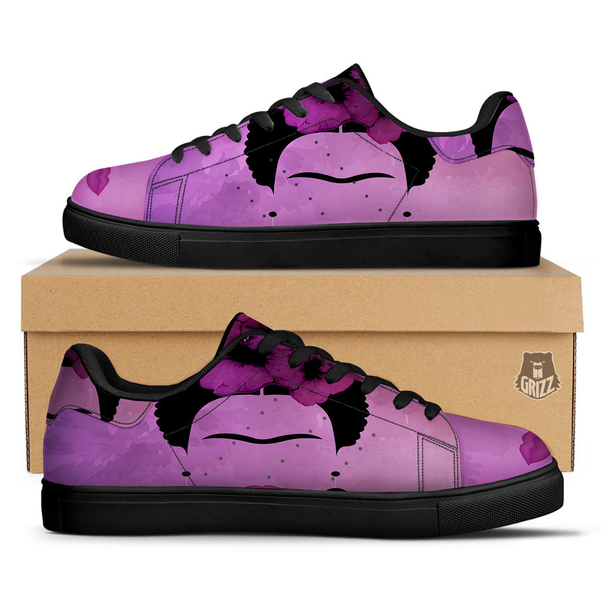 Pink Floral And Frida Kahlo Print Black Low Top Sneakers-grizzshop