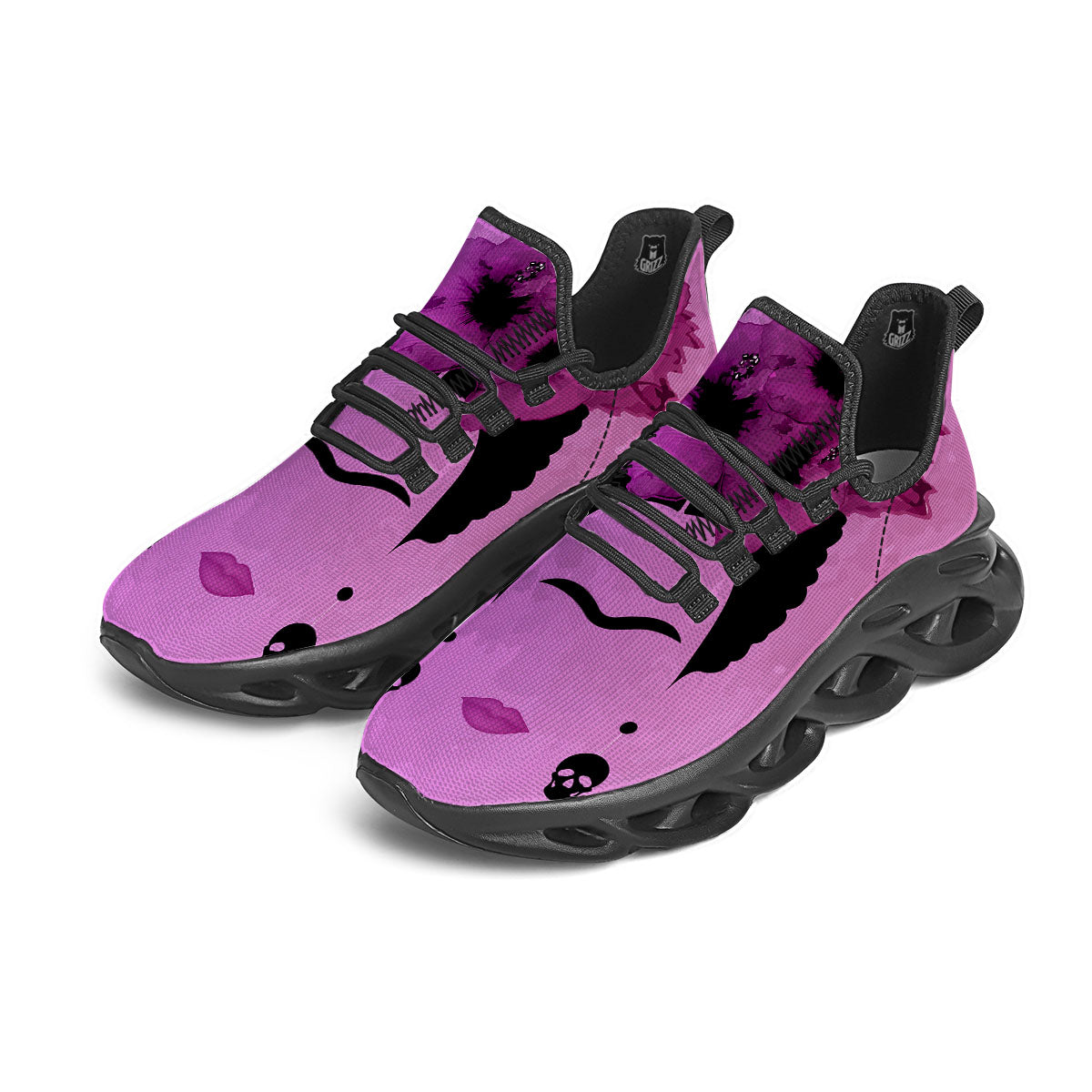 Pink Floral And Frida Kahlo Print Black Running Shoes-grizzshop