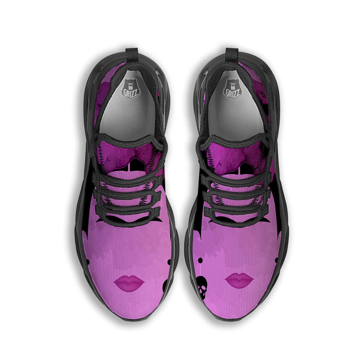 Pink Floral And Frida Kahlo Print Black Running Shoes-grizzshop