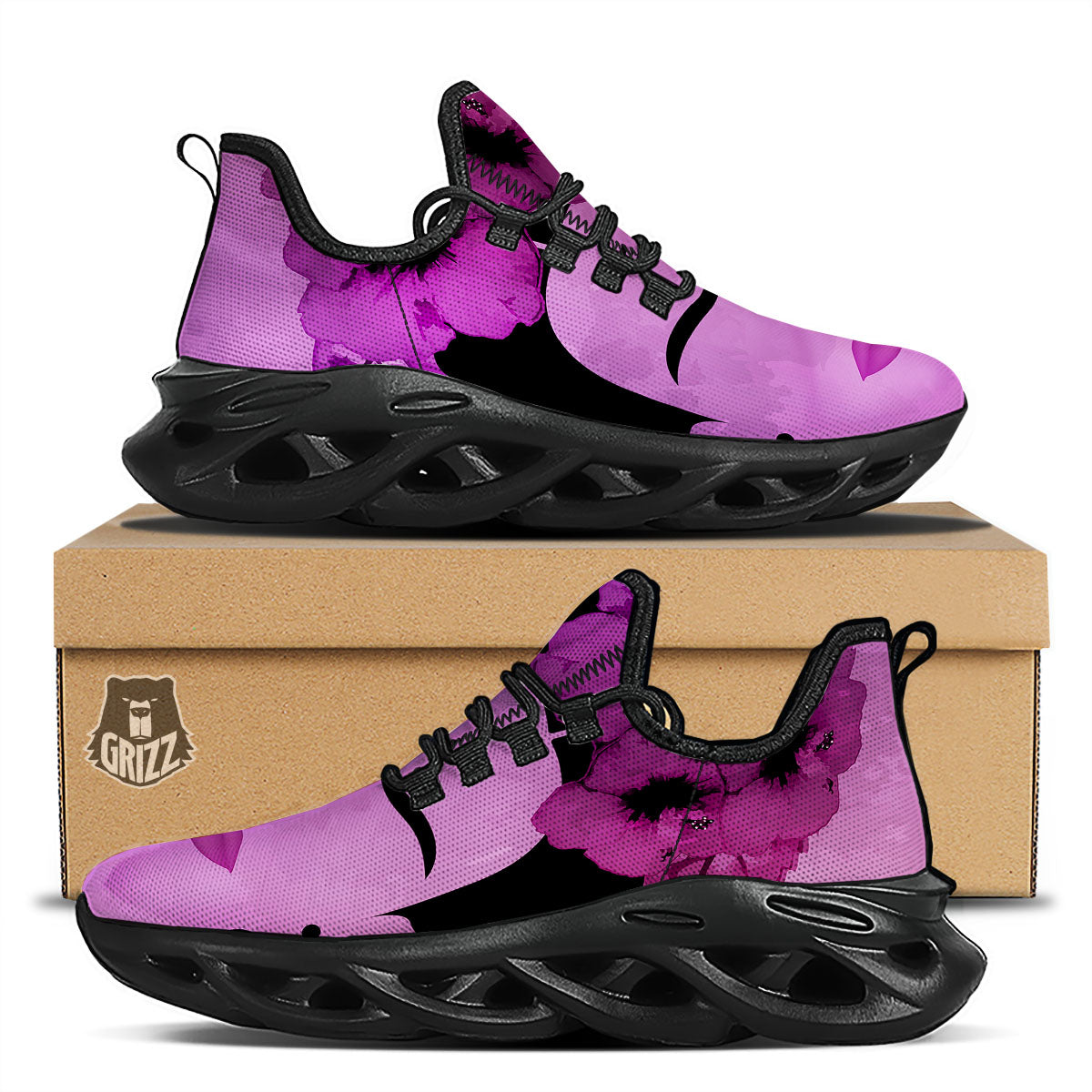 Pink Floral And Frida Kahlo Print Black Running Shoes-grizzshop