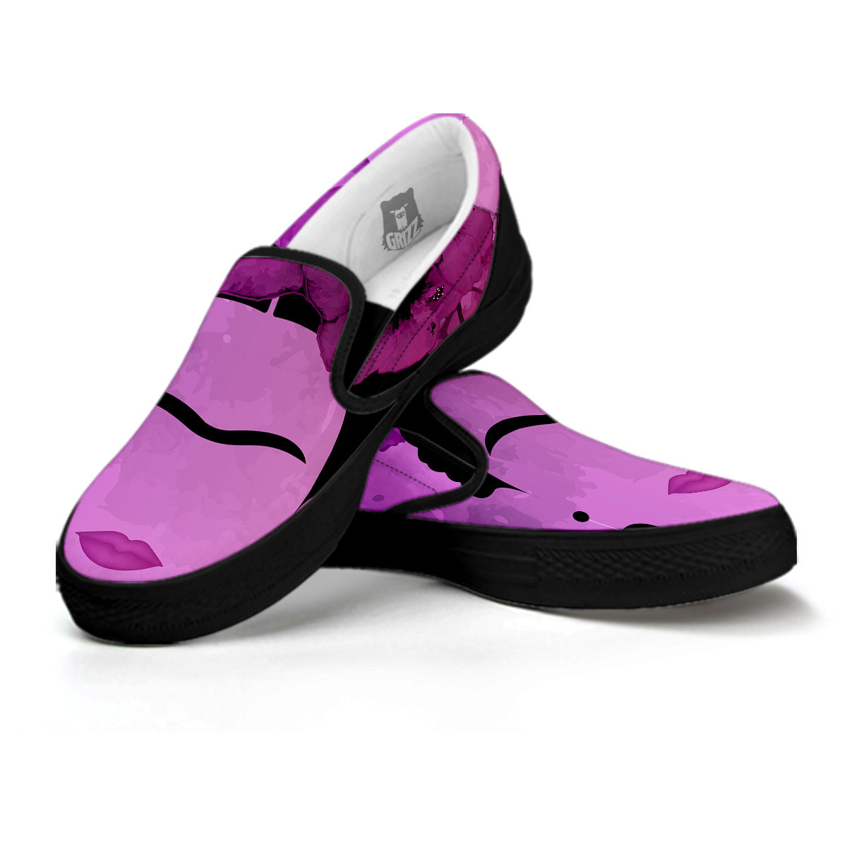 Pink Floral And Frida Kahlo Print Black Slip On Shoes-grizzshop
