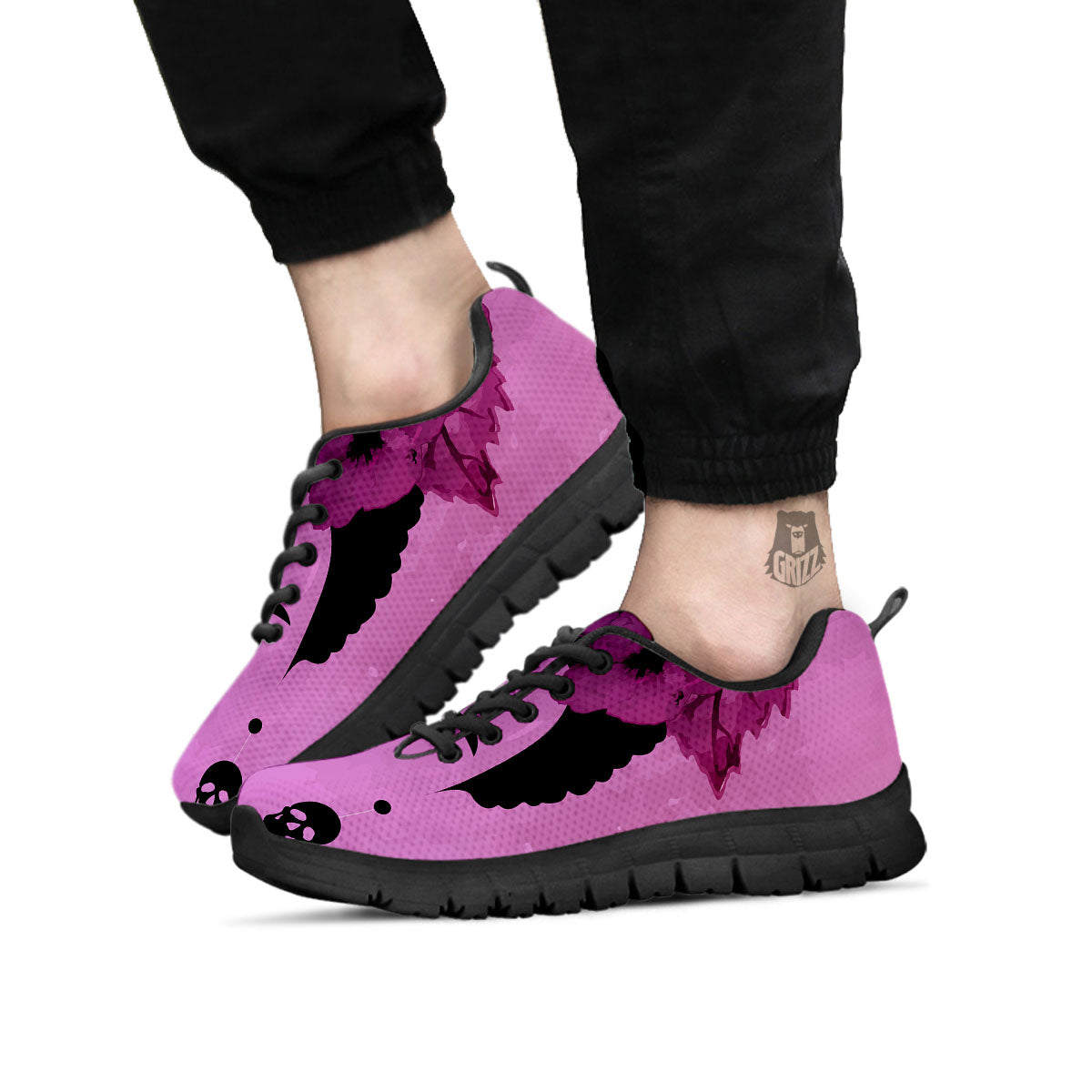 Pink Floral And Frida Kahlo Print Black Sneaker-grizzshop