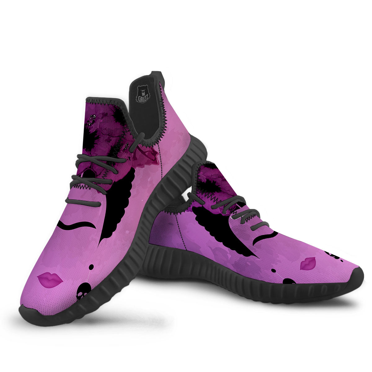 Pink Floral And Frida Kahlo Print Black Walking Shoes-grizzshop