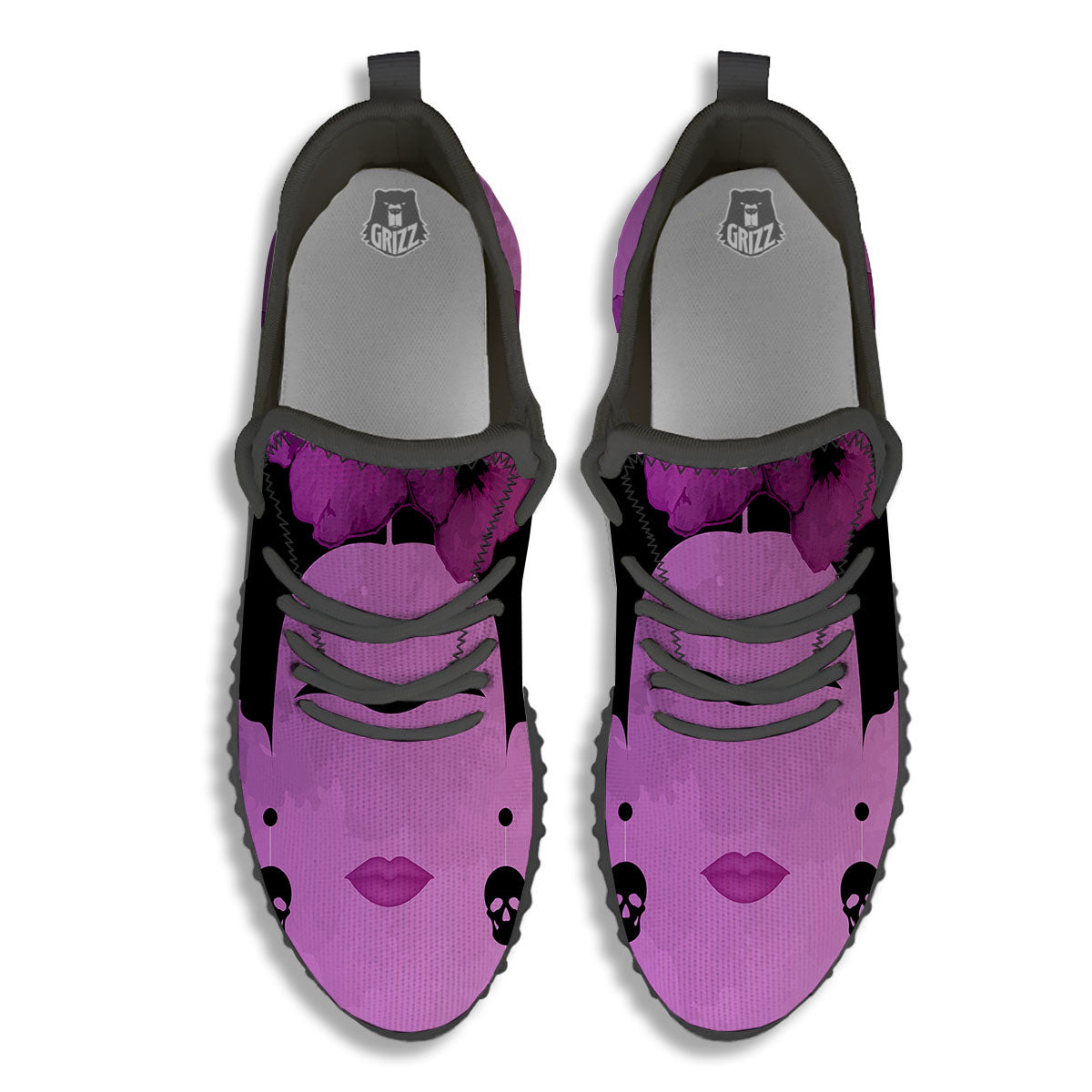 Pink Floral And Frida Kahlo Print Black Walking Shoes-grizzshop