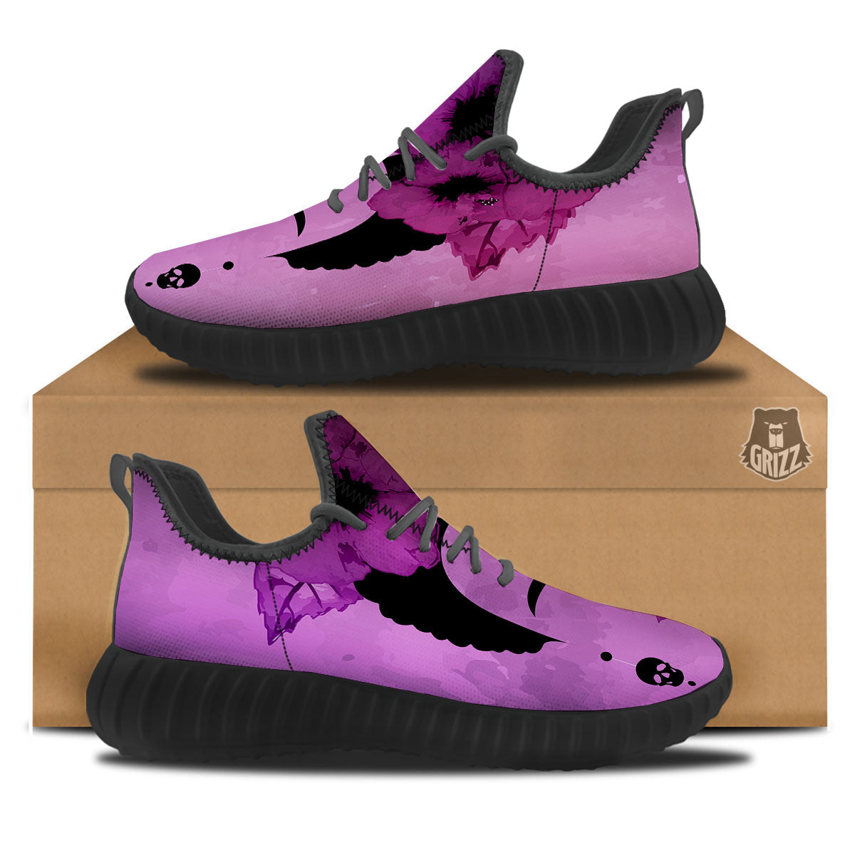Pink Floral And Frida Kahlo Print Black Walking Shoes-grizzshop