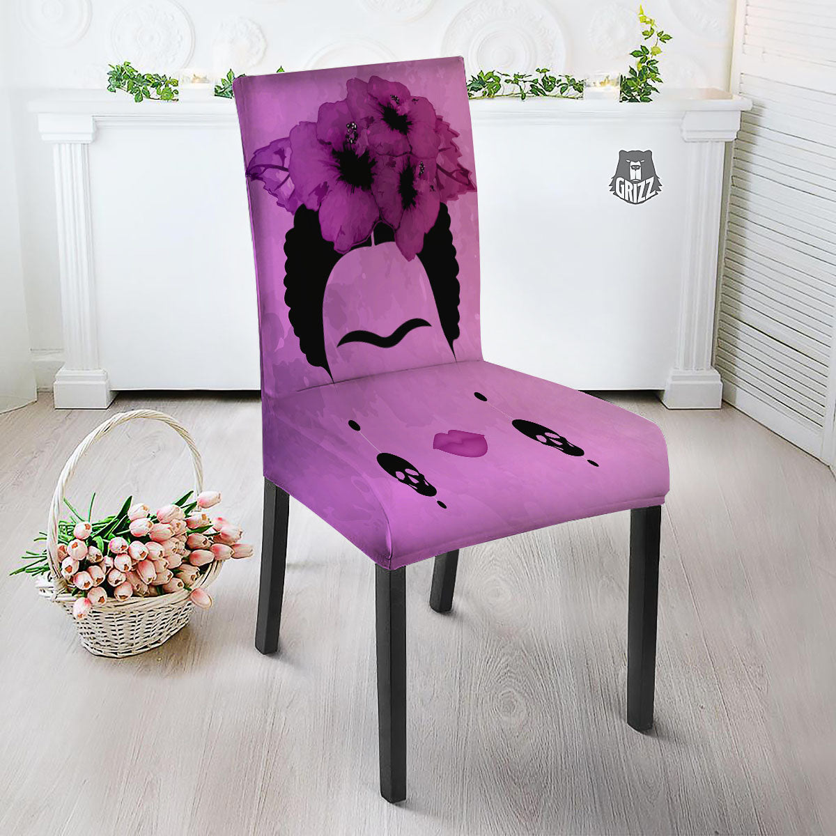 Pink Floral And Frida Kahlo Print Dining Chair Slipcover-grizzshop