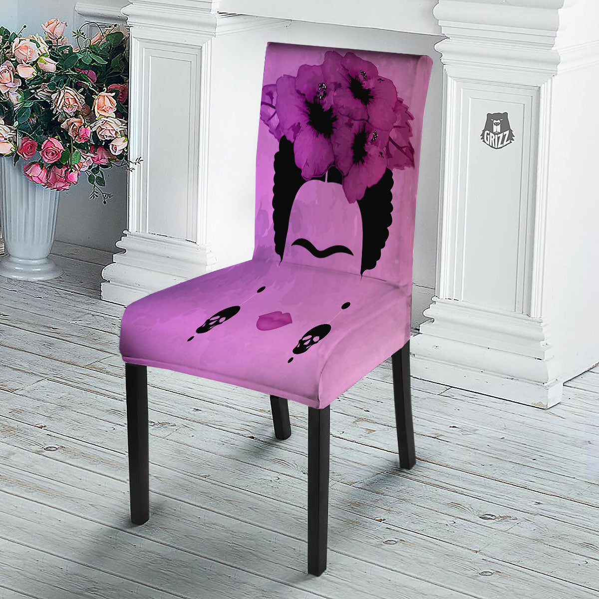 Pink Floral And Frida Kahlo Print Dining Chair Slipcover-grizzshop