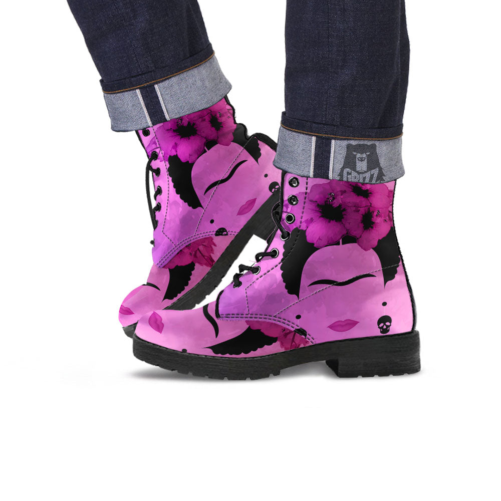 Pink Floral And Frida Kahlo Print Leather Boots-grizzshop