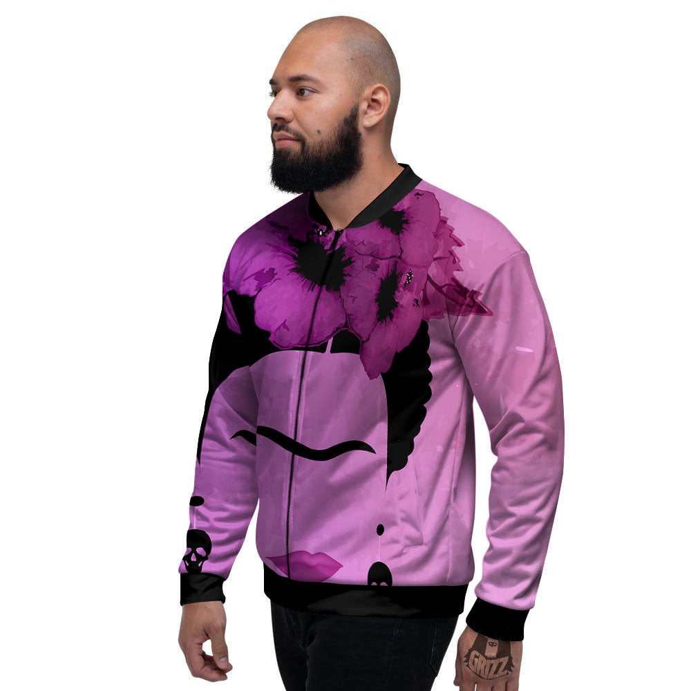 Pink Floral And Frida Kahlo Print Men's Bomber Jacket-grizzshop