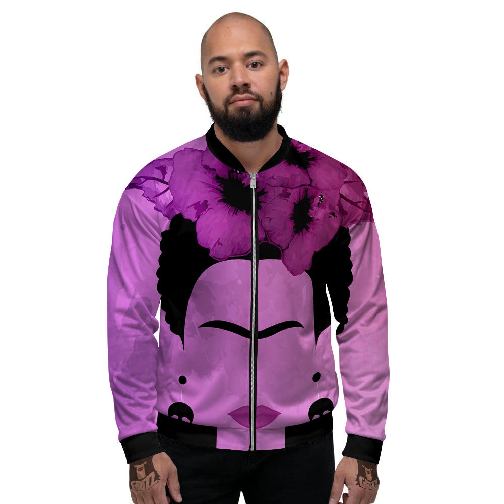 Pink Floral And Frida Kahlo Print Men's Bomber Jacket-grizzshop