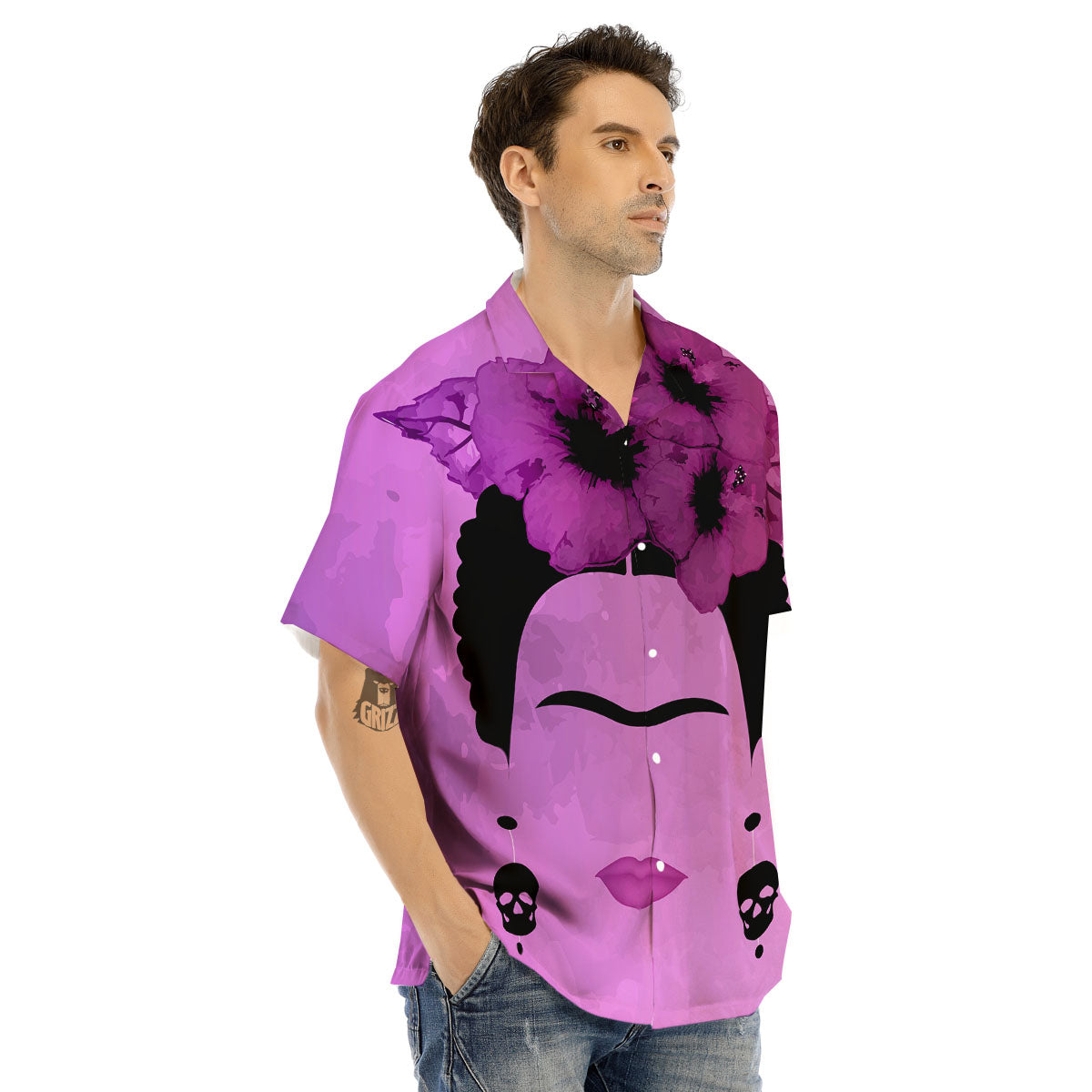 Pink Floral And Frida Kahlo Print Men's Hawaiian Shirt-grizzshop