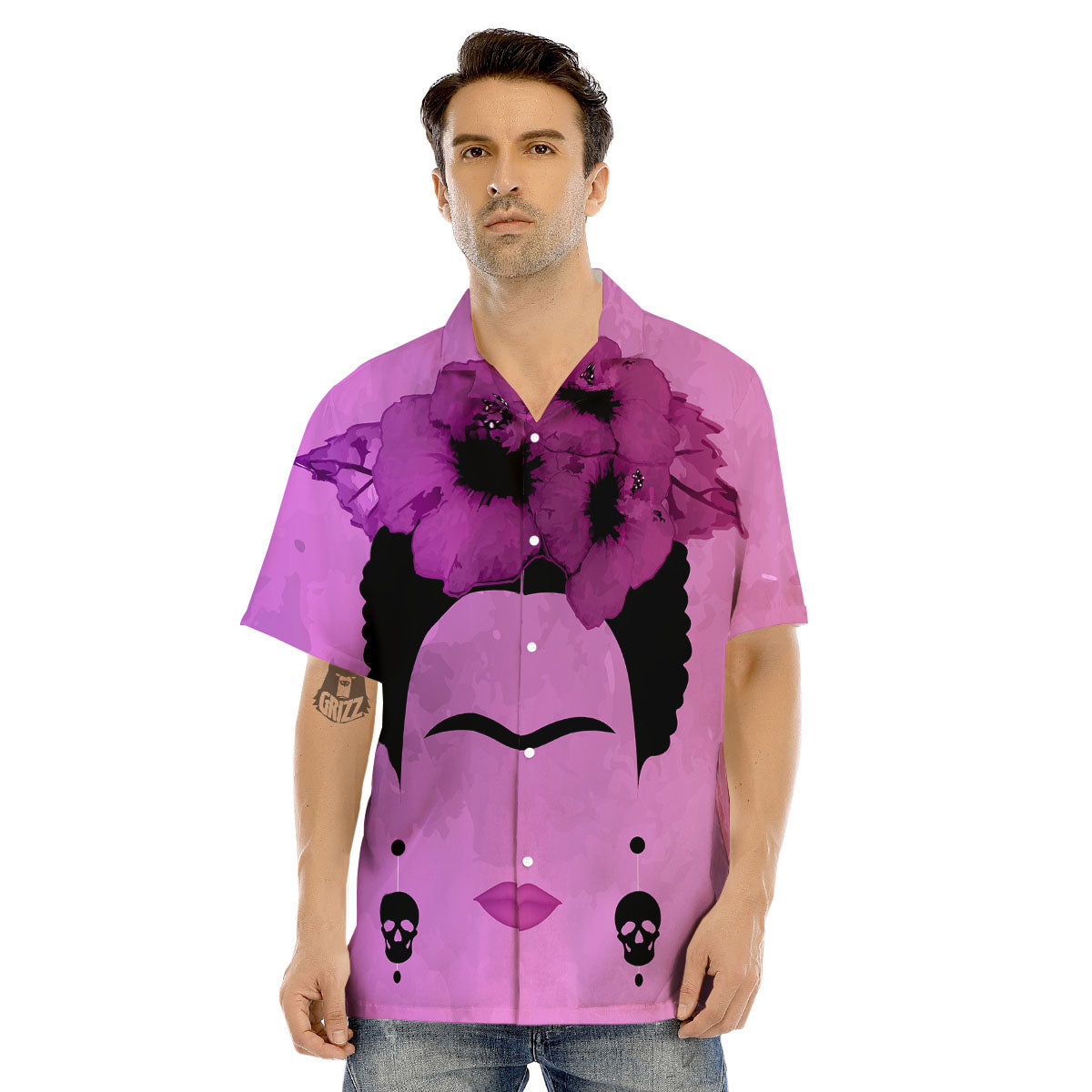 Pink Floral And Frida Kahlo Print Men's Hawaiian Shirt-grizzshop