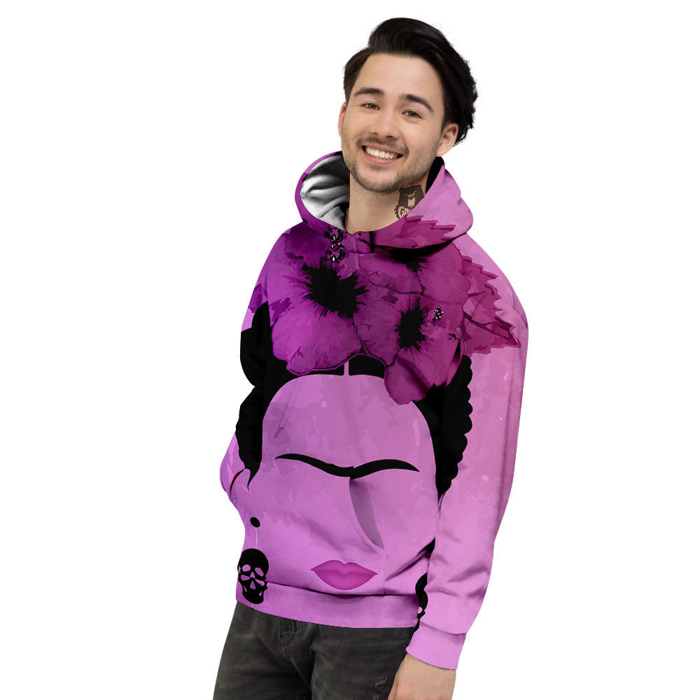 Pink Floral And Frida Kahlo Print Men's Hoodie-grizzshop