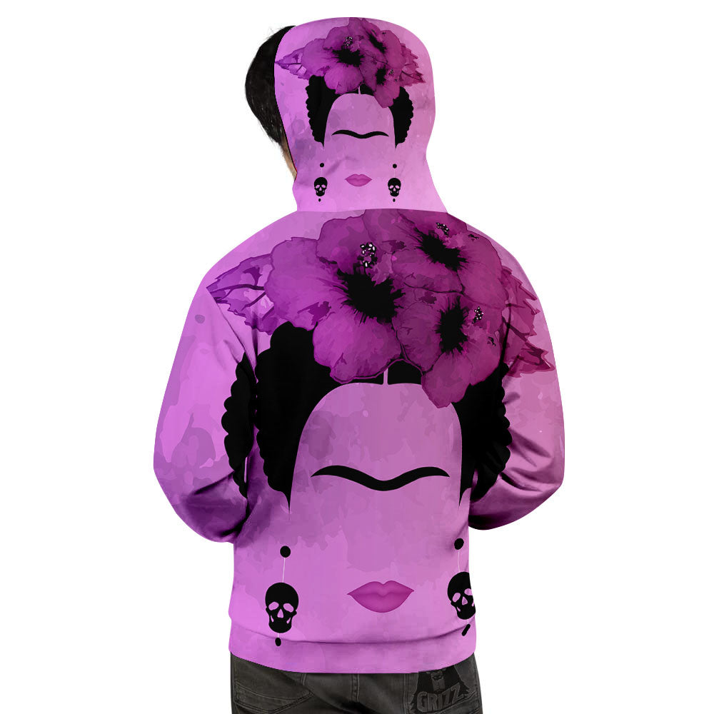 Pink Floral And Frida Kahlo Print Men's Hoodie-grizzshop