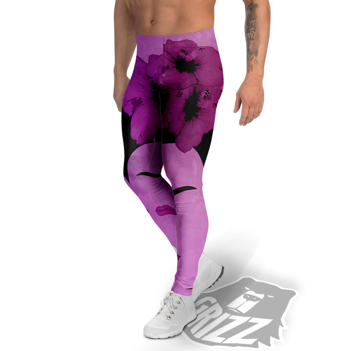 Pink Floral And Frida Kahlo Print Men's Leggings-grizzshop