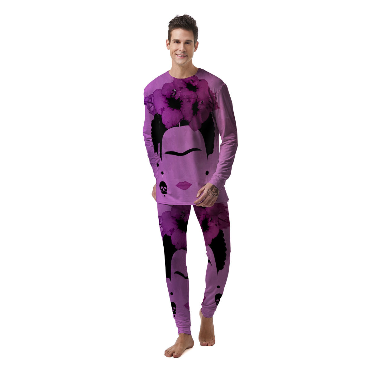 Pink Floral And Frida Kahlo Print Men's Pajamas-grizzshop