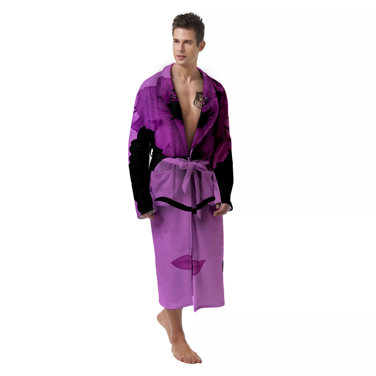 Pink Floral And Frida Kahlo Print Men's Robe-grizzshop