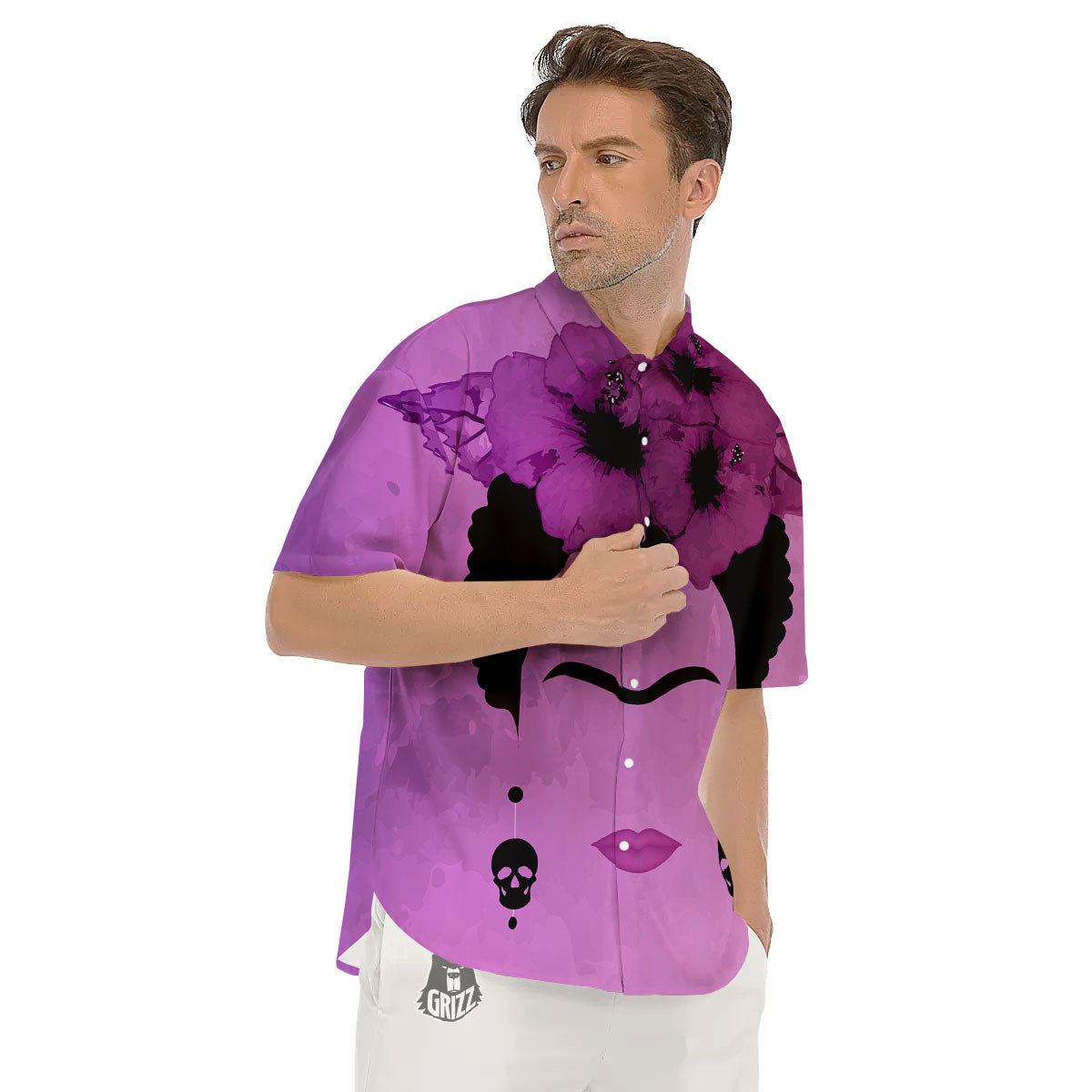Pink Floral And Frida Kahlo Print Men's Short Sleeve Shirts-grizzshop