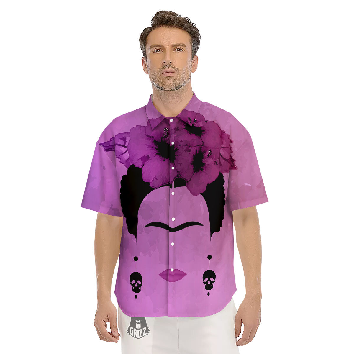 Pink Floral And Frida Kahlo Print Men's Short Sleeve Shirts-grizzshop