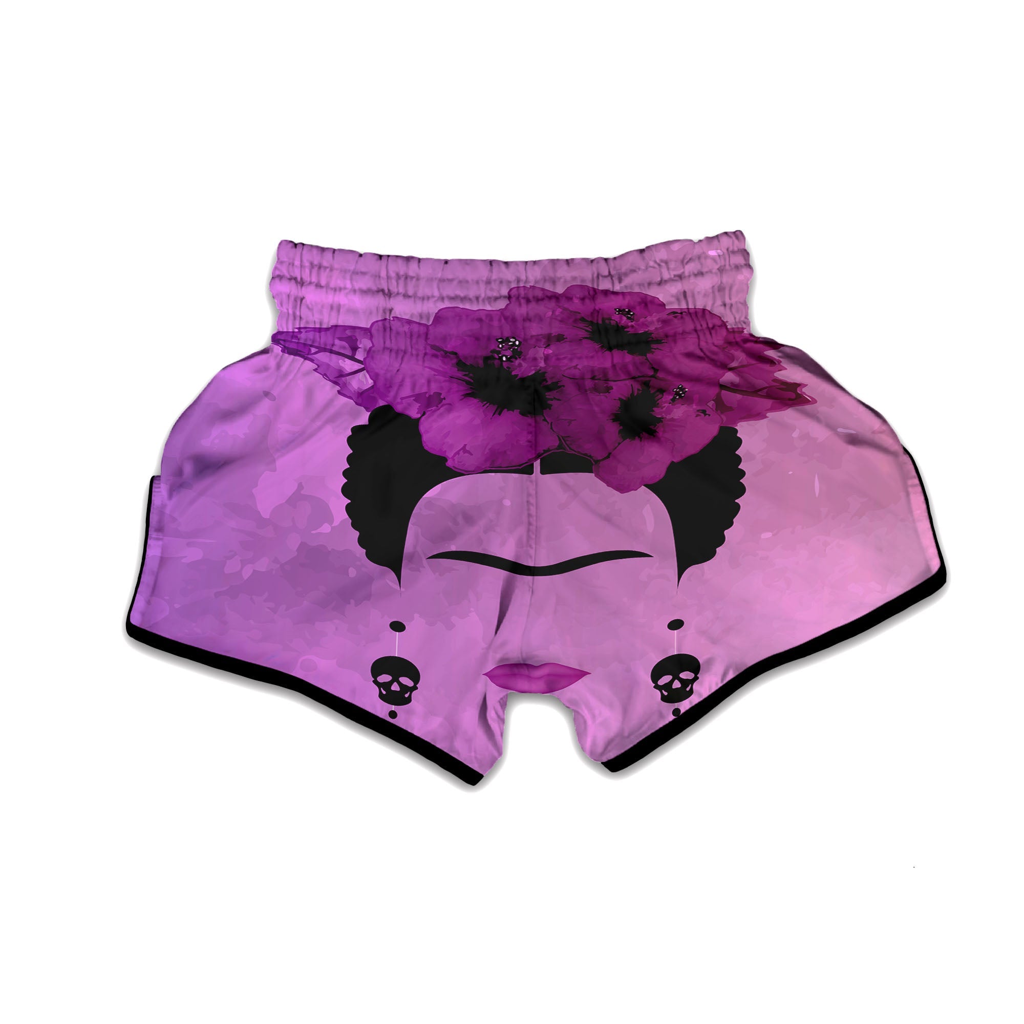 Pink Floral And Frida Kahlo Print Muay Thai Boxing Shorts-grizzshop