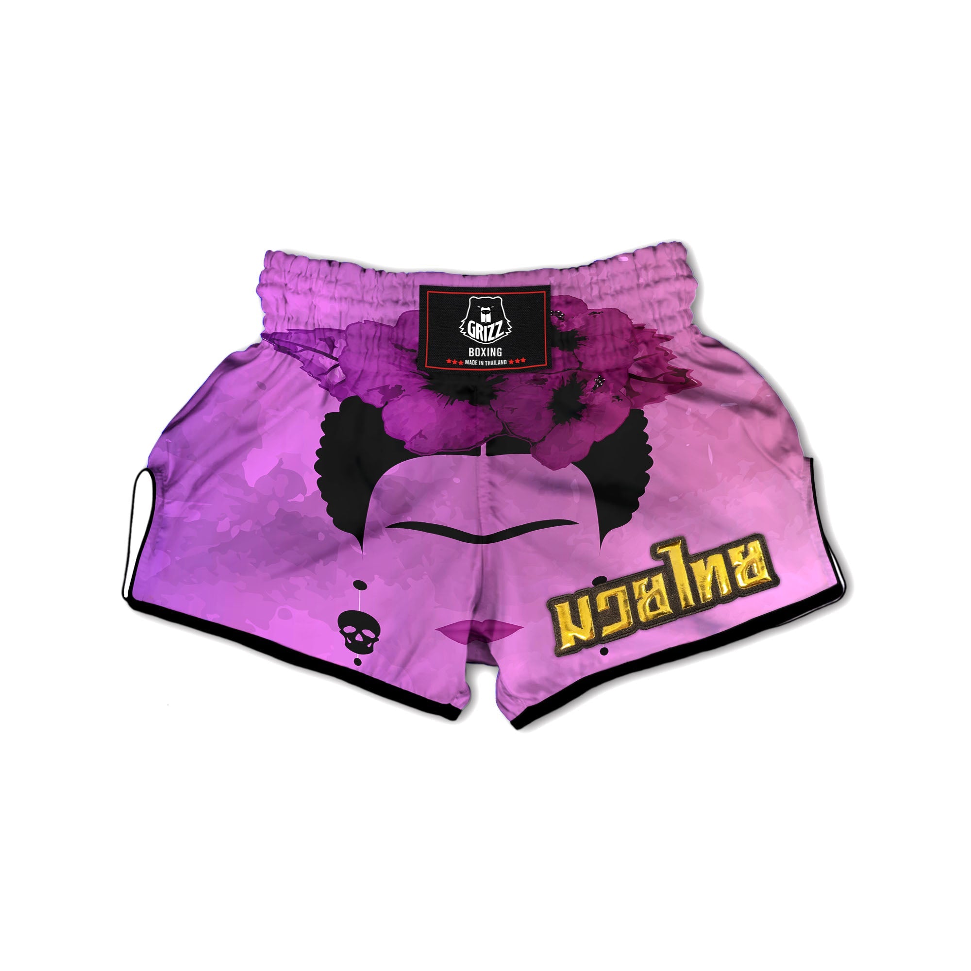 Pink Floral And Frida Kahlo Print Muay Thai Boxing Shorts-grizzshop