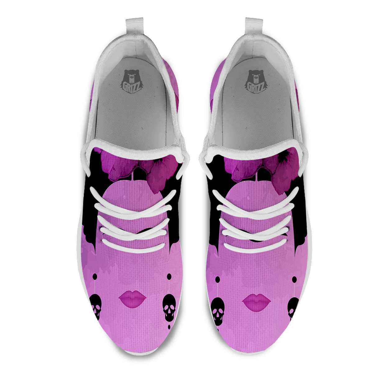 Pink Floral And Frida Kahlo Print White Athletic Shoes-grizzshop