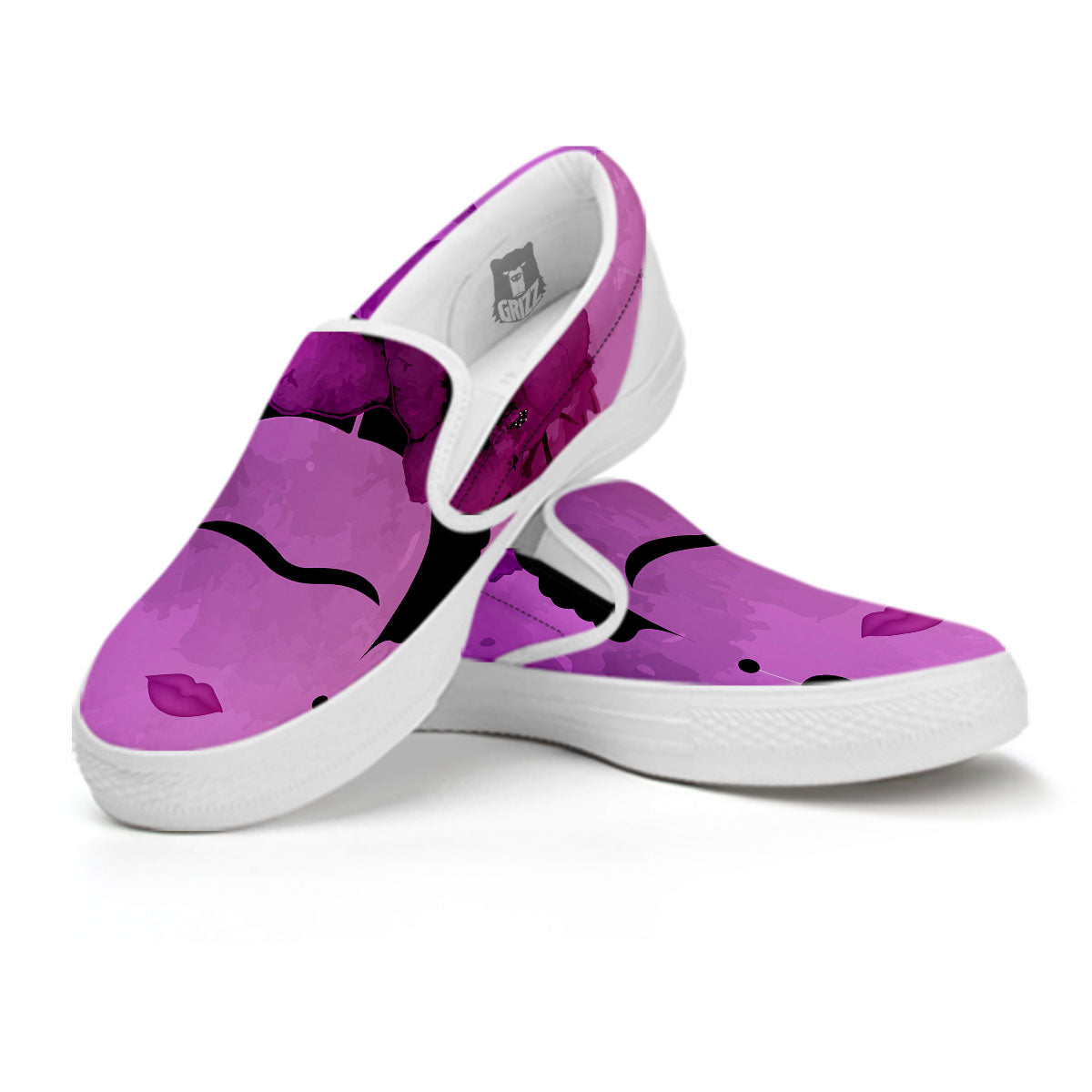 Pink Floral And Frida Kahlo Print White Slip On Shoes-grizzshop