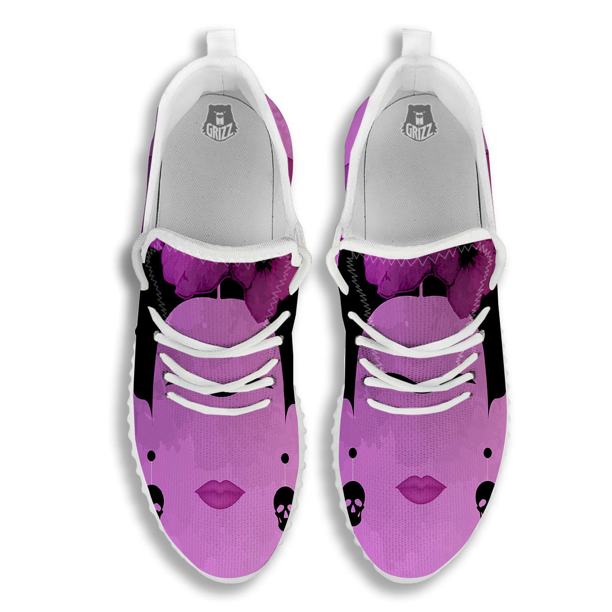 Pink Floral And Frida Kahlo Print White Walking Shoes-grizzshop