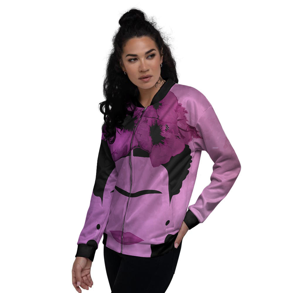 Pink Floral And Frida Kahlo Print Women's Bomber Jacket-grizzshop