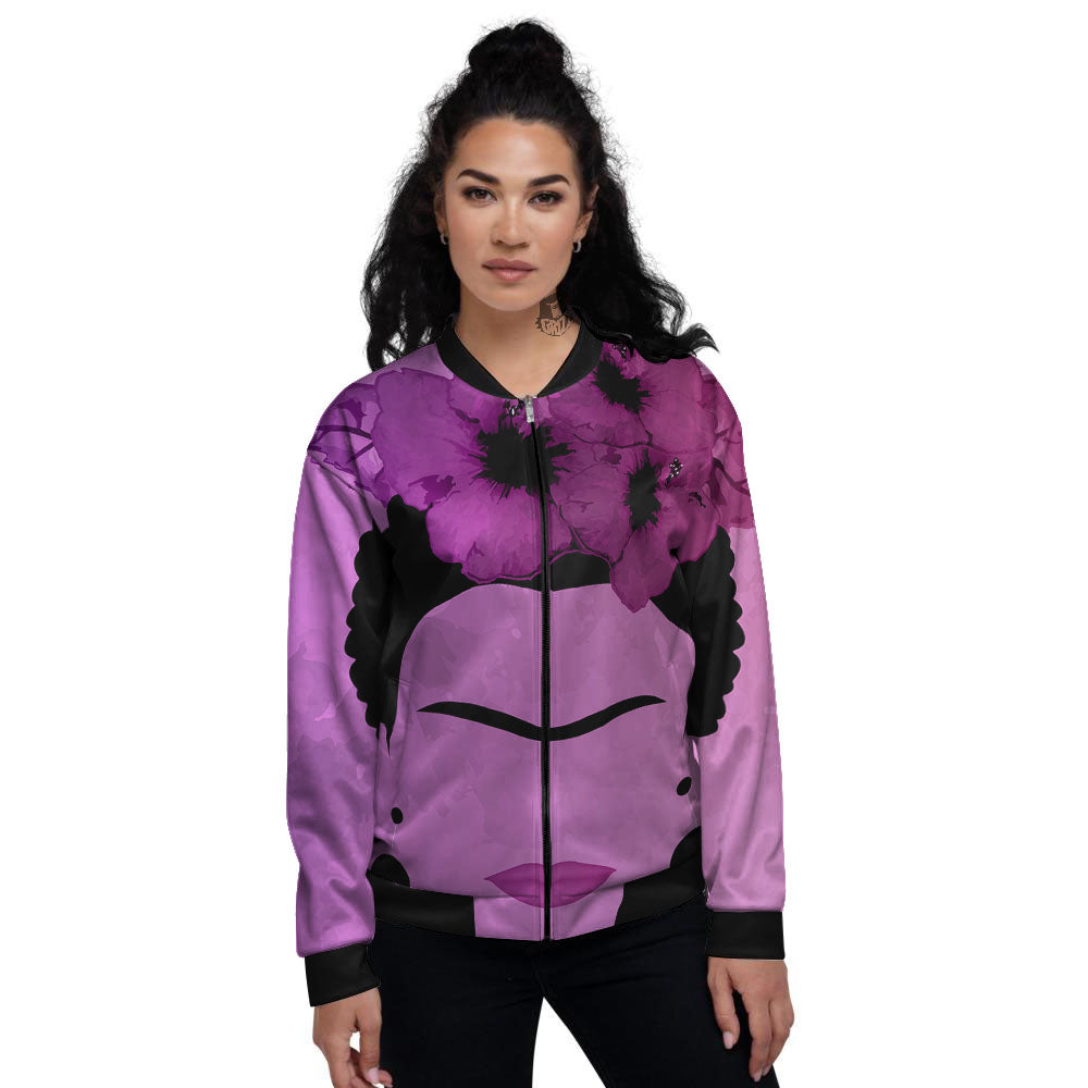 Pink Floral And Frida Kahlo Print Women's Bomber Jacket-grizzshop