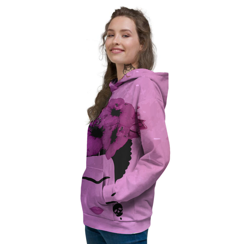 Pink Floral And Frida Kahlo Print Women's Hoodie-grizzshop