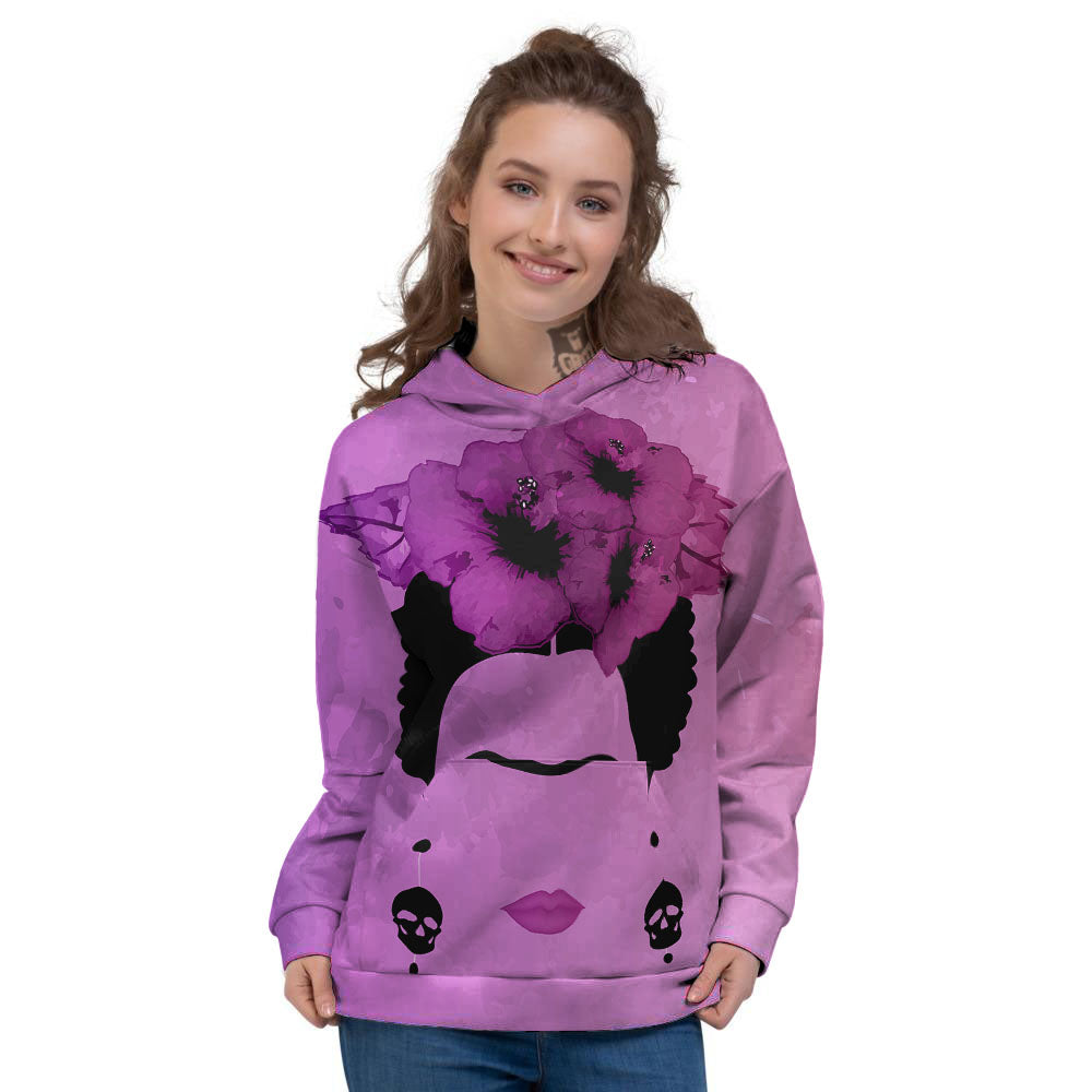 Pink Floral And Frida Kahlo Print Women's Hoodie-grizzshop