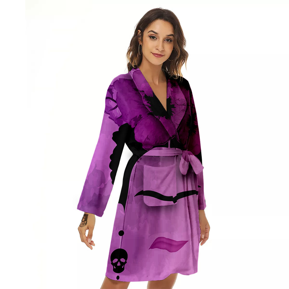 Pink Floral And Frida Kahlo Print Women's Robe-grizzshop