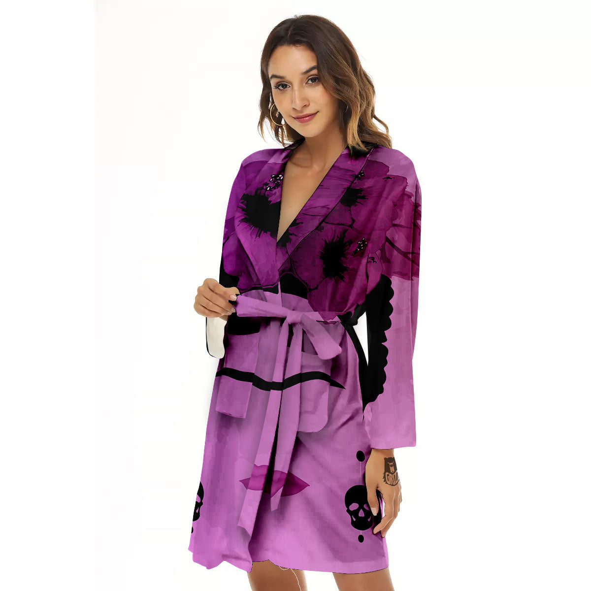 Pink Floral And Frida Kahlo Print Women's Robe-grizzshop