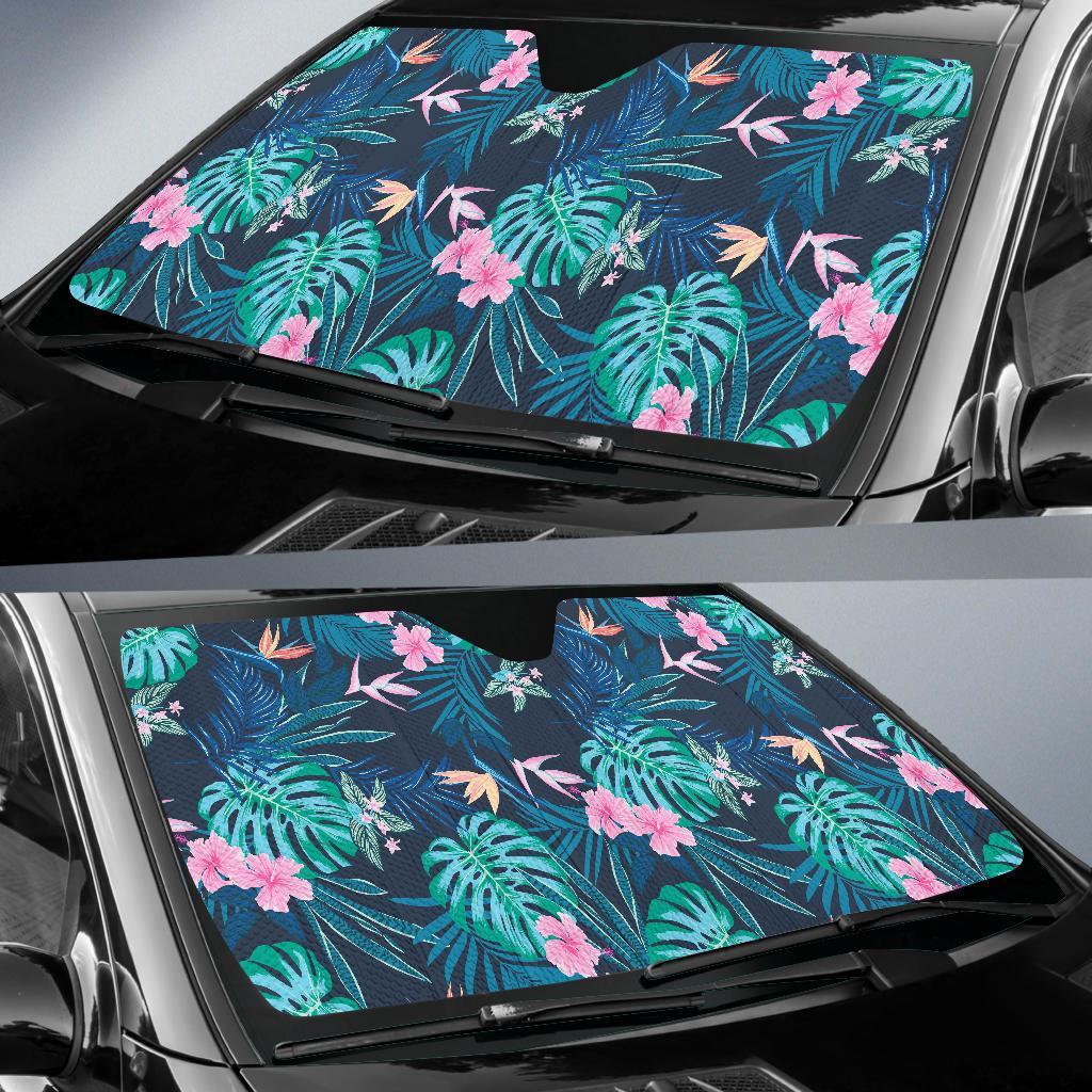 Pink Floral Tropical Palm Leaves Hawaiian Pattern Print Car Sun Shade-grizzshop