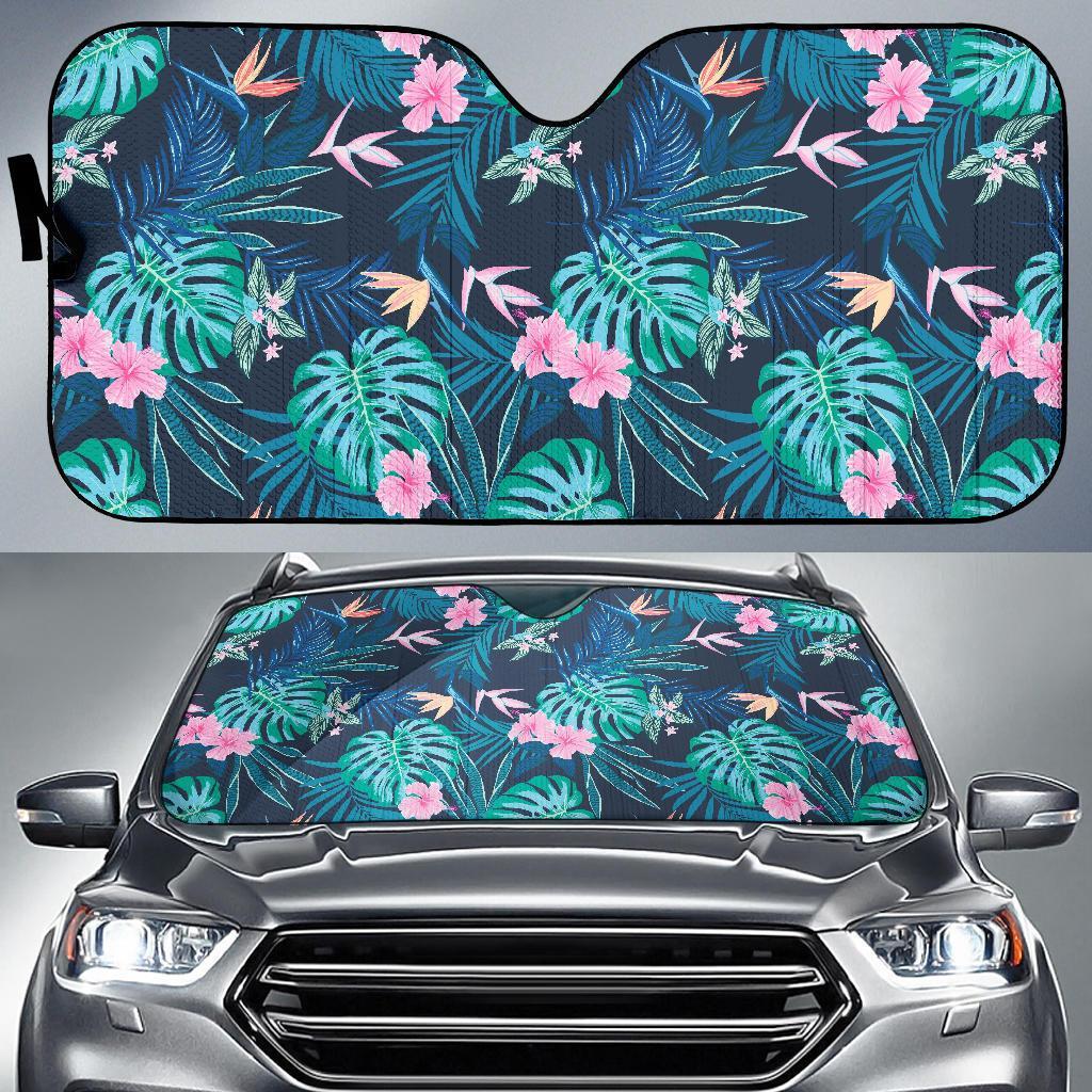 Pink Floral Tropical Palm Leaves Hawaiian Pattern Print Car Sun Shade-grizzshop