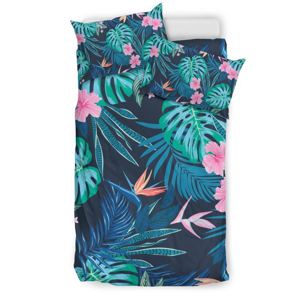 Pink Floral Tropical Palm Leaves Hawaiian Pattern Print Duvet Cover Bedding Set-grizzshop
