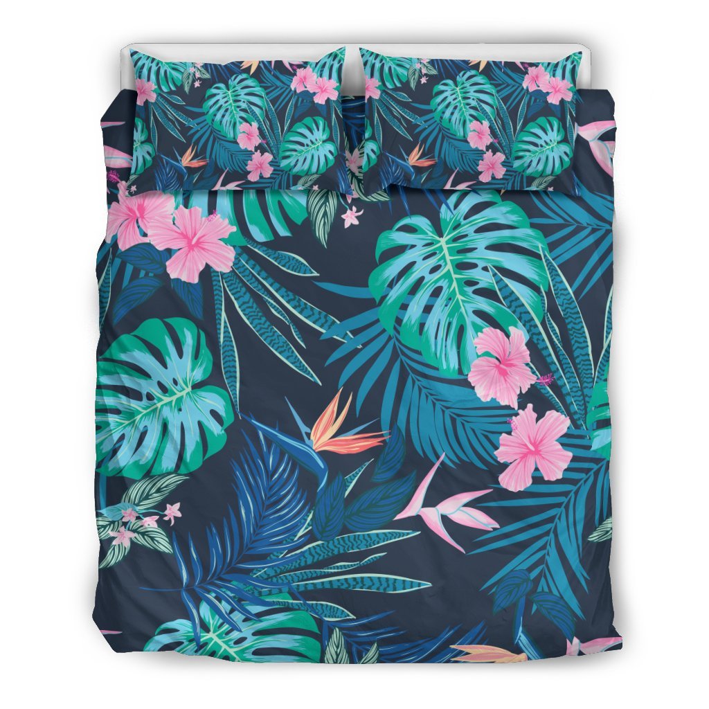 Pink Floral Tropical Palm Leaves Hawaiian Pattern Print Duvet Cover Bedding Set-grizzshop