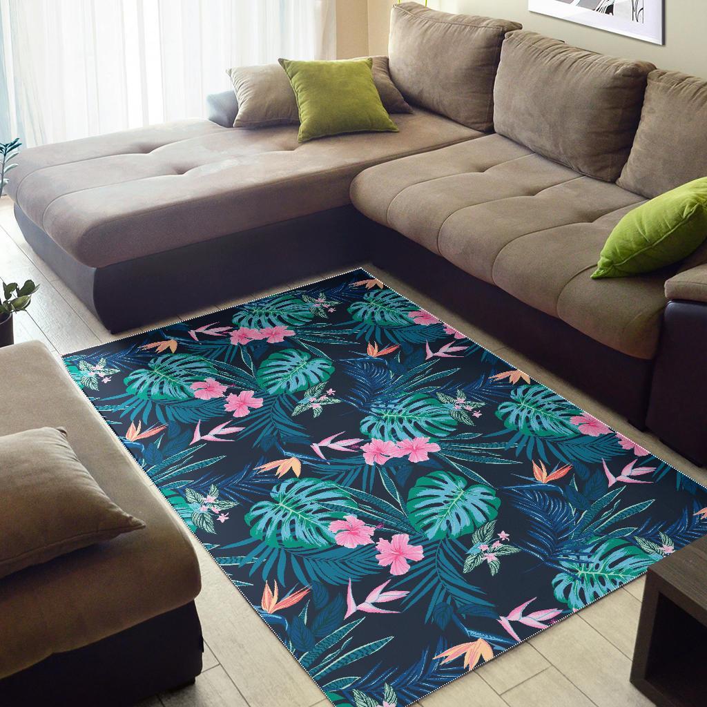 Pink Floral Tropical Palm Leaves Hawaiian Pattern Print Floor Mat-grizzshop