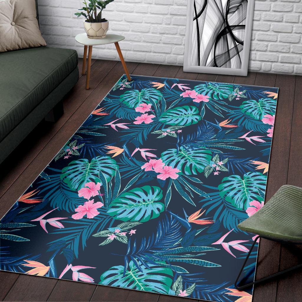 Pink Floral Tropical Palm Leaves Hawaiian Pattern Print Floor Mat-grizzshop