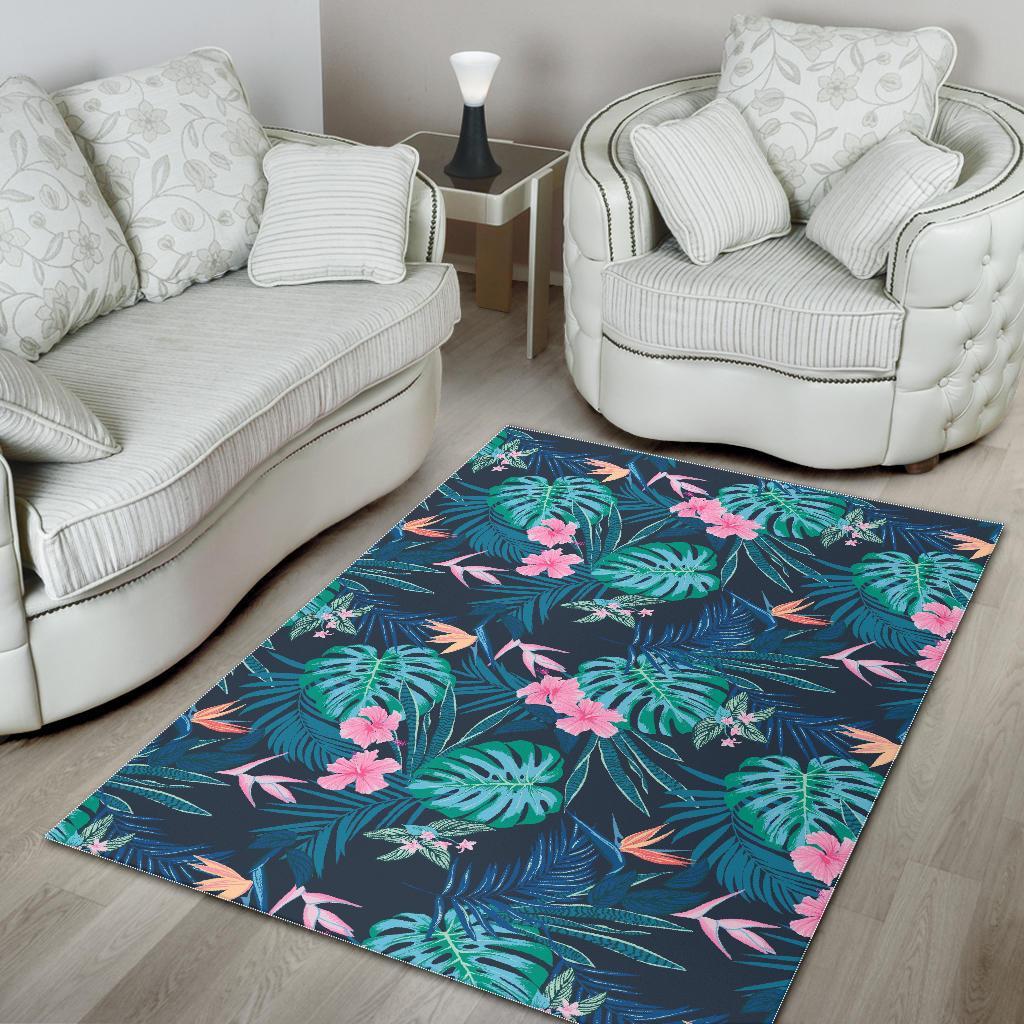 Pink Floral Tropical Palm Leaves Hawaiian Pattern Print Floor Mat-grizzshop