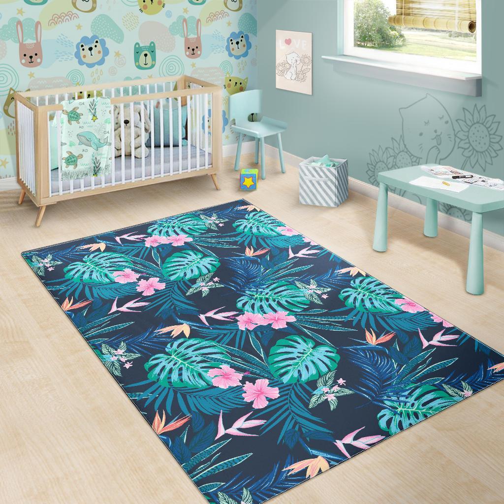 Pink Floral Tropical Palm Leaves Hawaiian Pattern Print Floor Mat-grizzshop