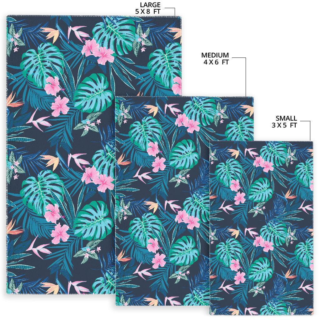 Pink Floral Tropical Palm Leaves Hawaiian Pattern Print Floor Mat-grizzshop