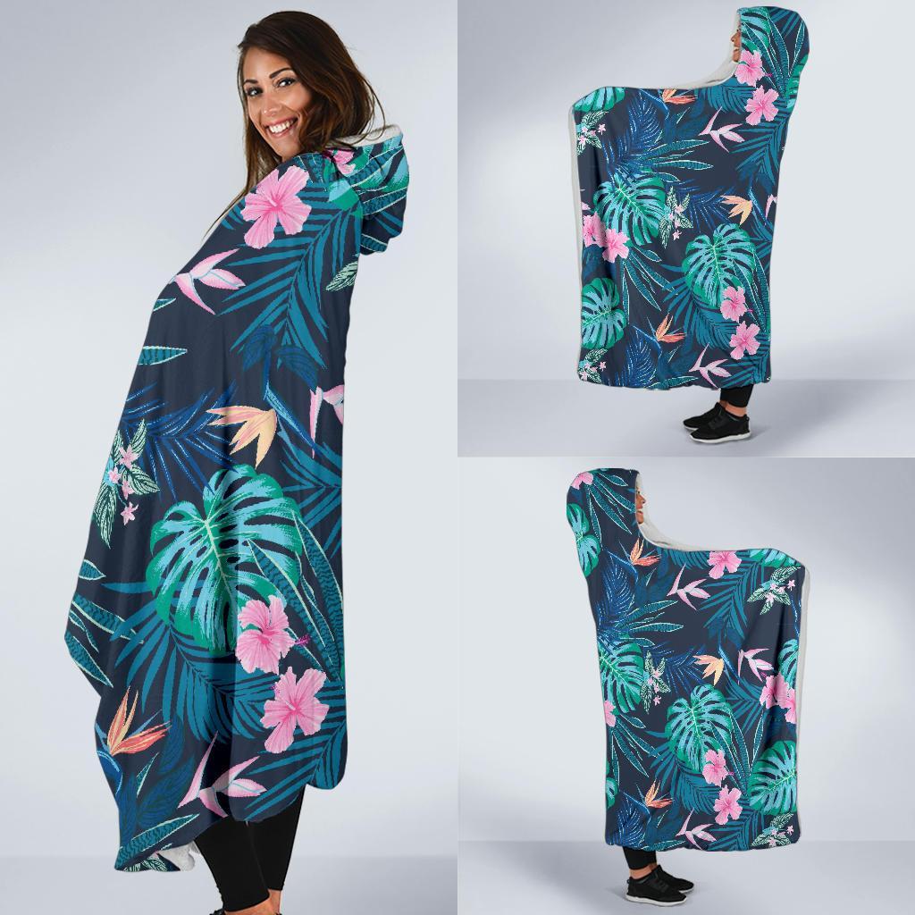 Pink Floral Tropical Palm Leaves Hawaiian Pattern Print Hooded Blanket-grizzshop