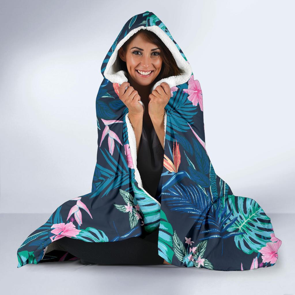 Pink Floral Tropical Palm Leaves Hawaiian Pattern Print Hooded Blanket-grizzshop