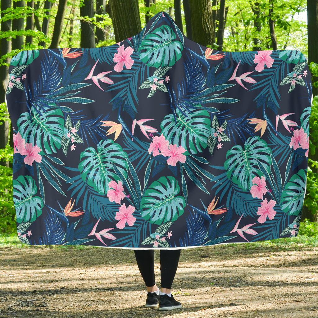 Pink Floral Tropical Palm Leaves Hawaiian Pattern Print Hooded Blanket-grizzshop